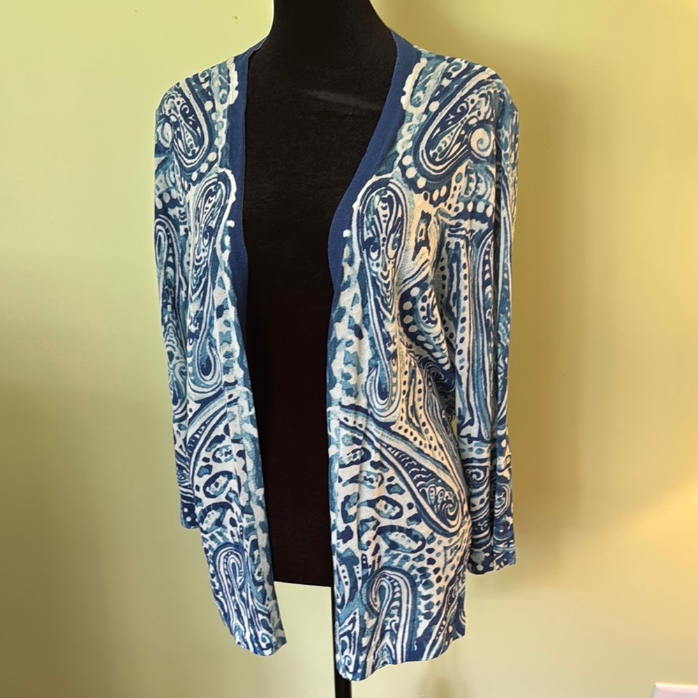 Chico's Blue and White Paisley Cardigan Sweater